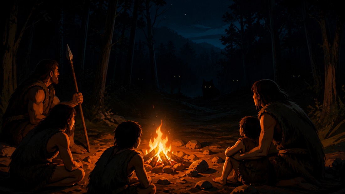 Early humans around a campfire at night, eyes glowing in the forest behind them
