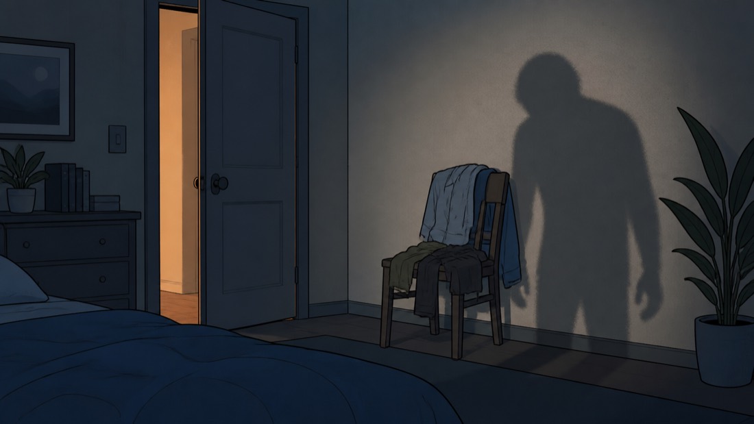A dark bedroom where a chair of clothes casts a looming human shadow