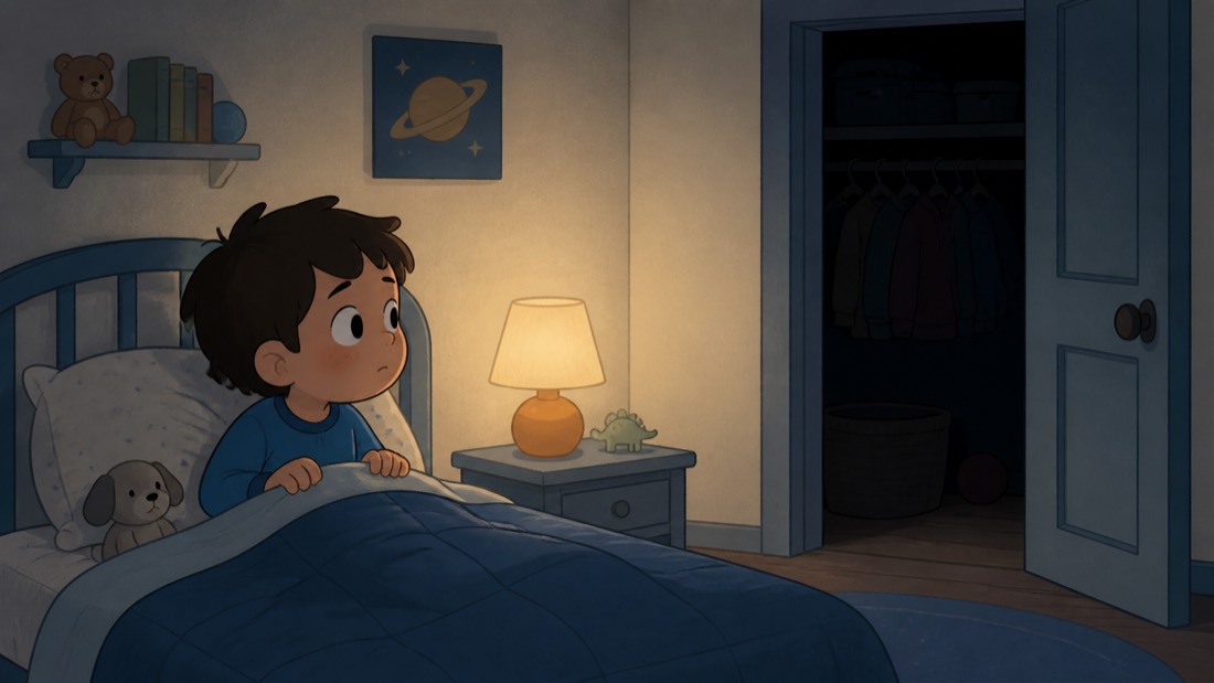A child in bed watching a half-open wardrobe by lamplight