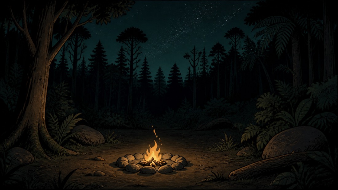 A small campfire in a dark forest clearing